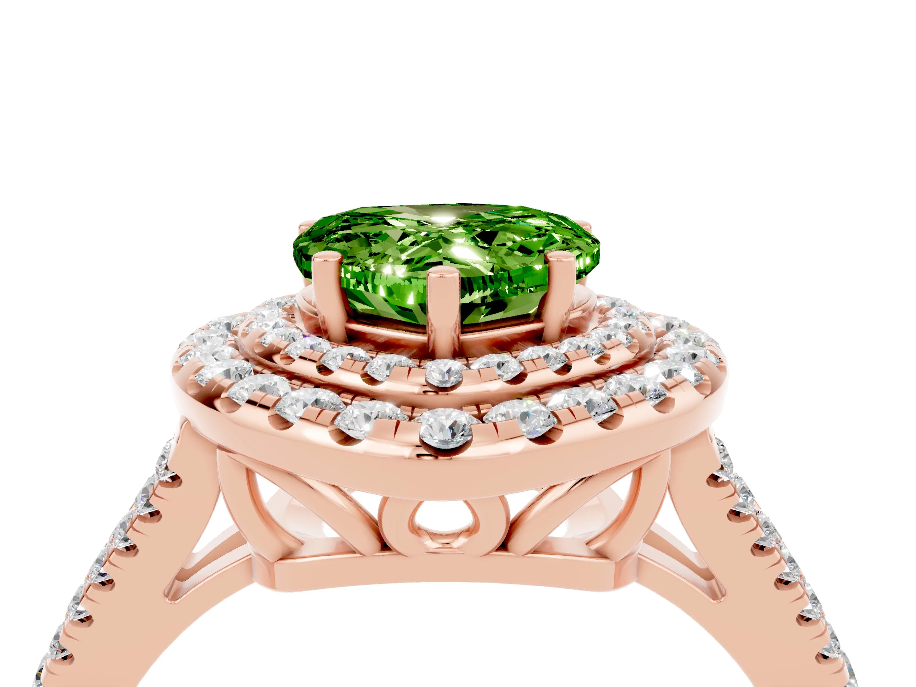Rose gold Heart Cut Peridot Double Halo Ring with Pavé Band and Prong Setting_16