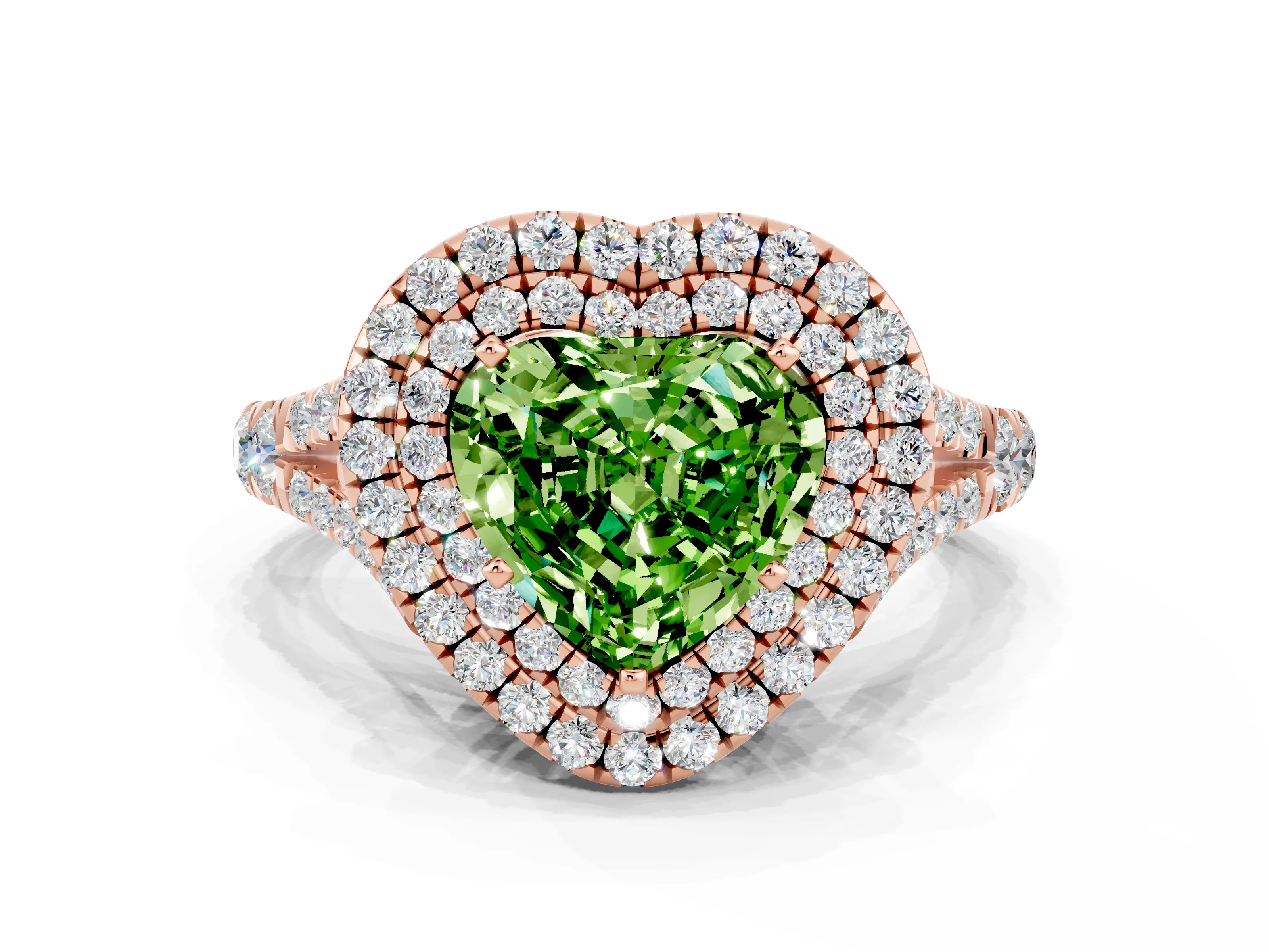 Rose gold Heart Cut Peridot Double Halo Ring with Split Shank and Prong Setting_12