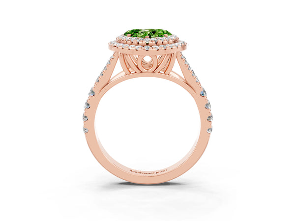 Rose gold Heart Cut Peridot Double Halo Ring with Split Shank and Prong Setting