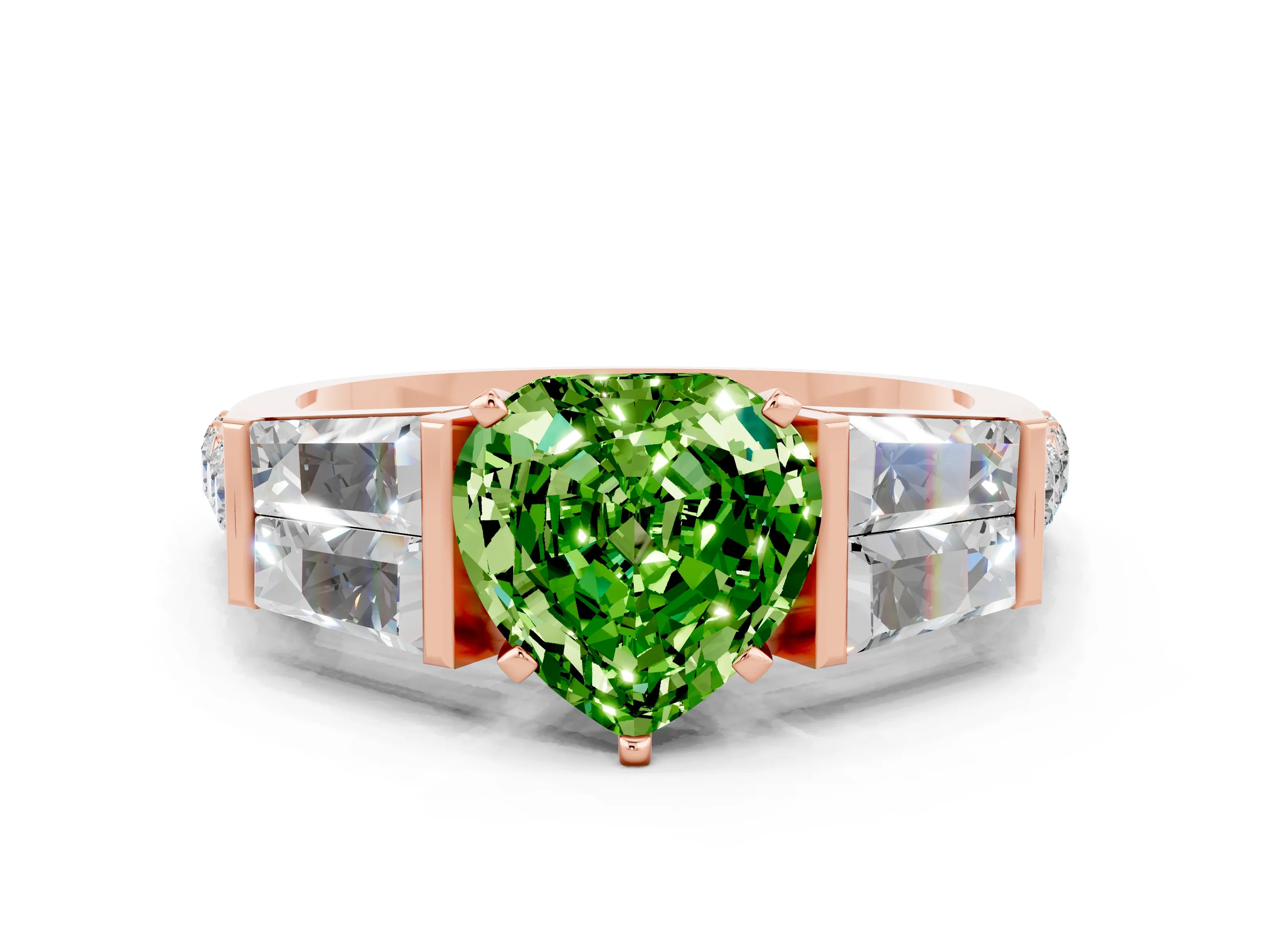 Rose gold Heart Cut Peridot Engagement Ring with Baguette Side Stones and Channel Set Band