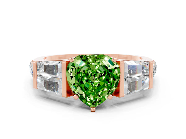 Rose gold Heart Cut Peridot Engagement Ring with Baguette Side Stones and Channel Set Band