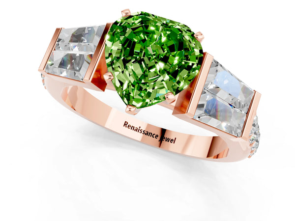 Rose gold Heart Cut Peridot Engagement Ring with Baguette Side Stones and Channel Set Band