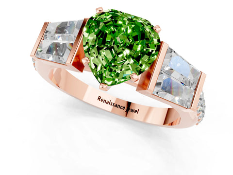Rose gold Heart Cut Peridot Engagement Ring with Baguette Side Stones and Channel Set Band_1