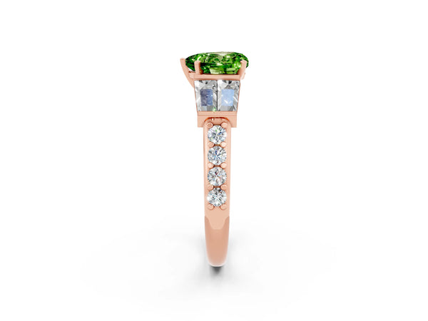 Rose gold Heart Cut Peridot Engagement Ring with Baguette Side Stones and Channel Set Band