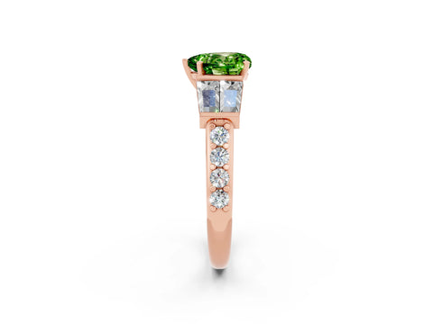 Rose gold Heart Cut Peridot Engagement Ring with Baguette Side Stones and Channel Set Band_2
