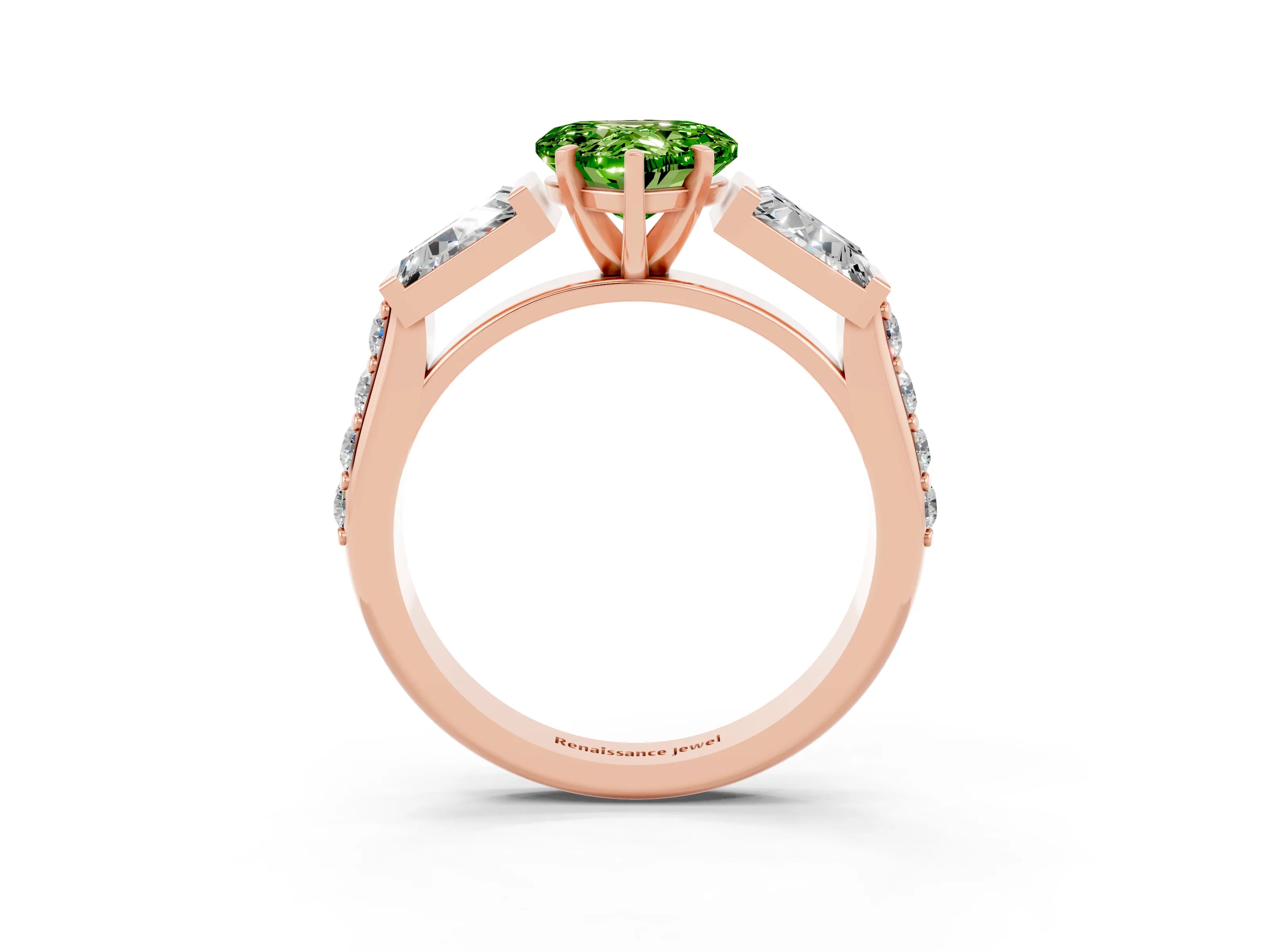 Rose gold Heart Cut Peridot Engagement Ring with Baguette Side Stones and Channel Set Band_3