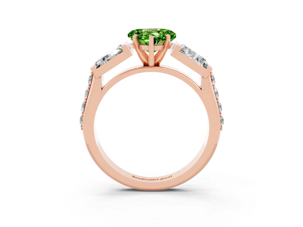 Rose gold Heart Cut Peridot Engagement Ring with Baguette Side Stones and Channel Set Band