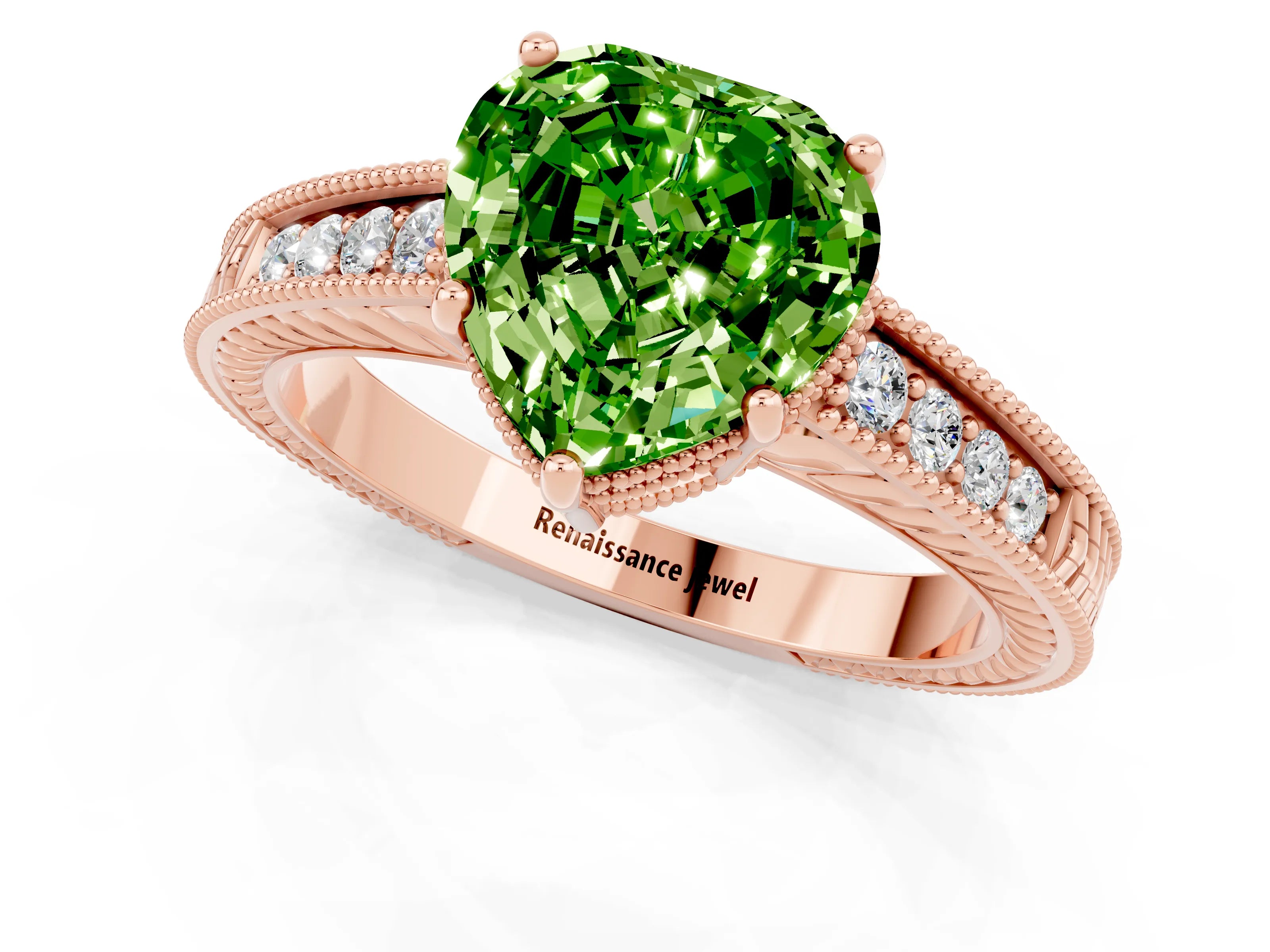 Rose gold Heart Cut Peridot Engagement Ring with Milgrain Channel Set Band and Prong Setting_1