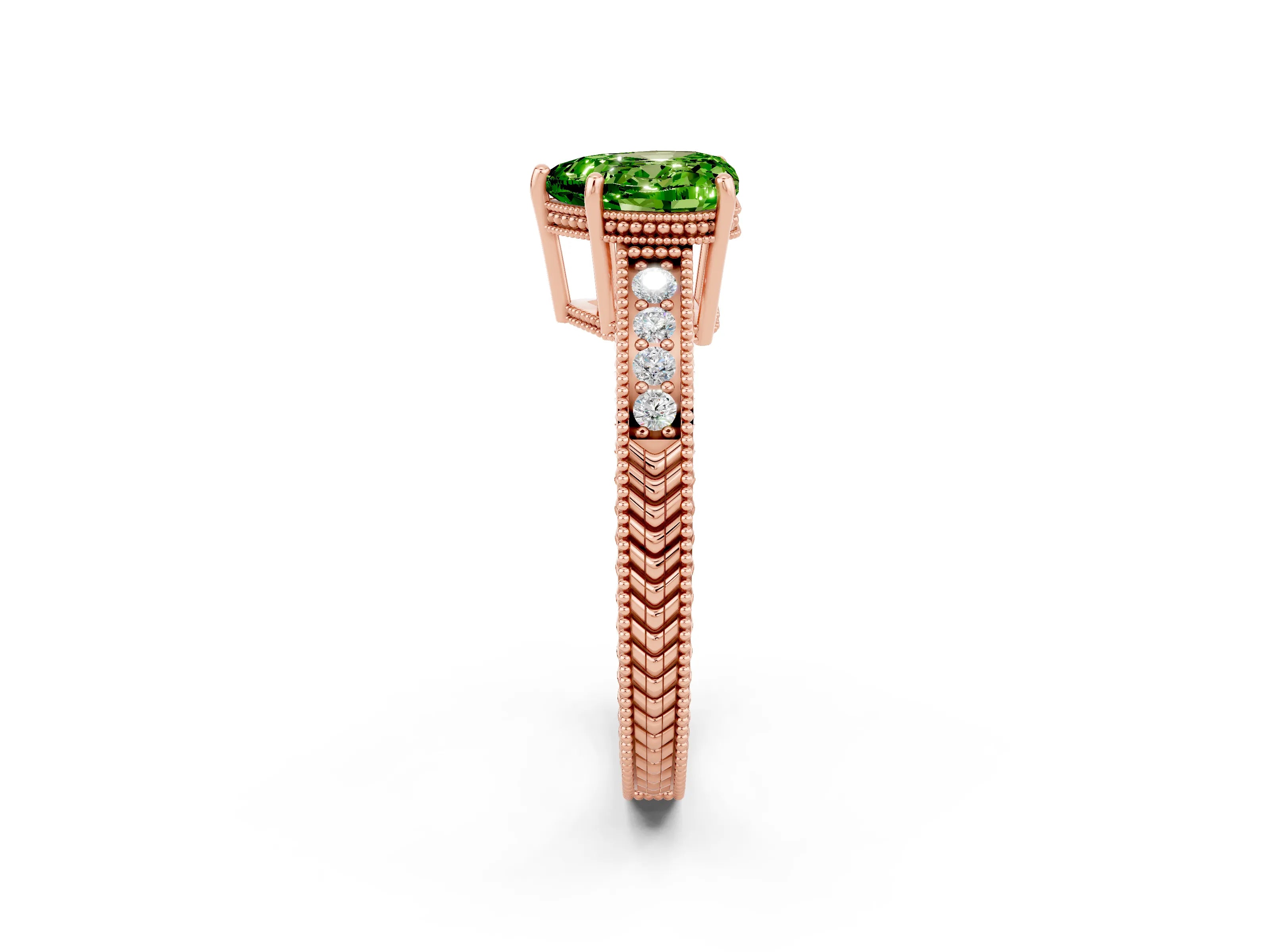 Rose gold Heart Cut Peridot Engagement Ring with Milgrain Channel Set Band and Prong Setting_2