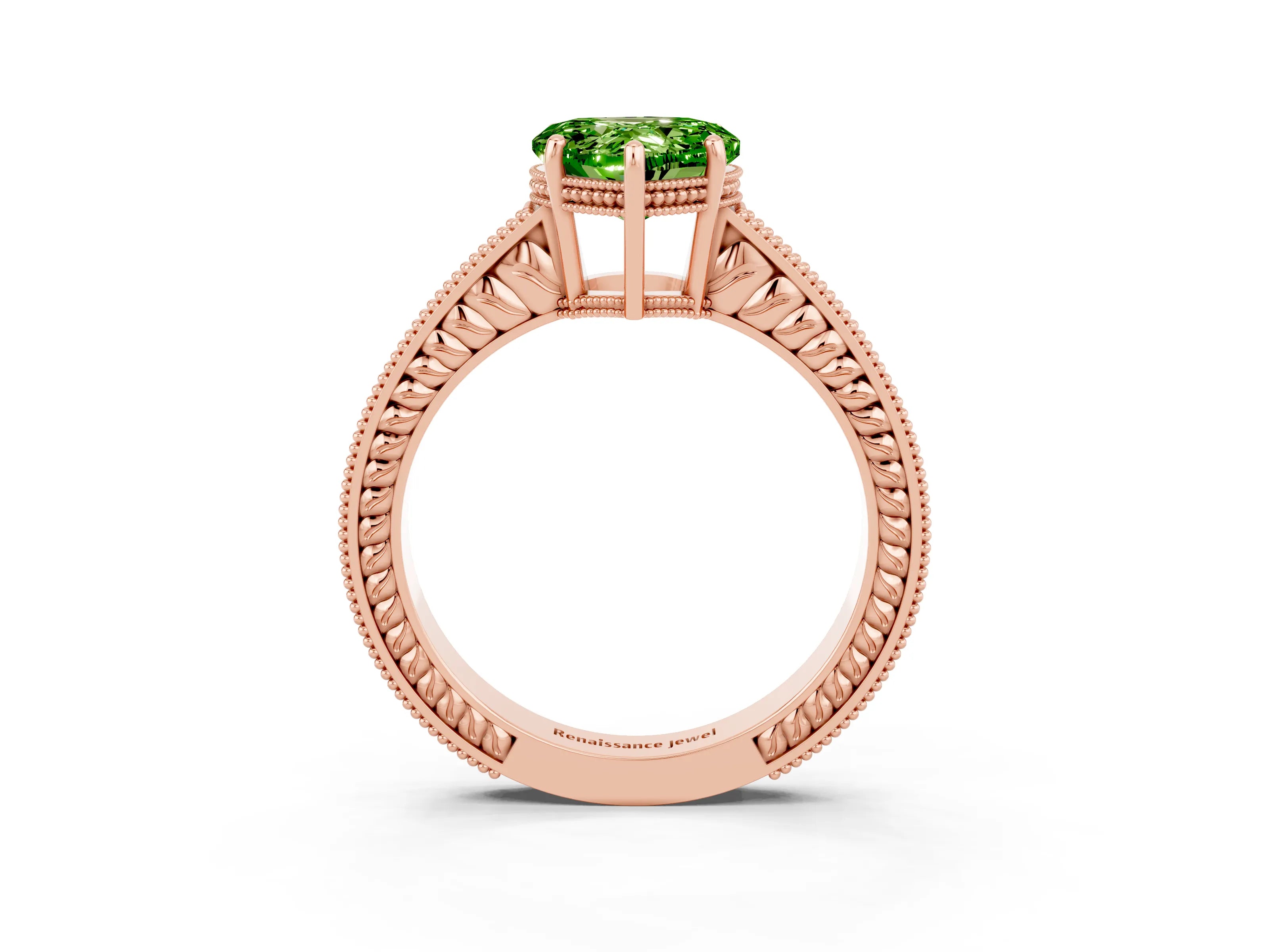 Rose gold Heart Cut Peridot Engagement Ring with Milgrain Channel Set Band and Prong Setting_3