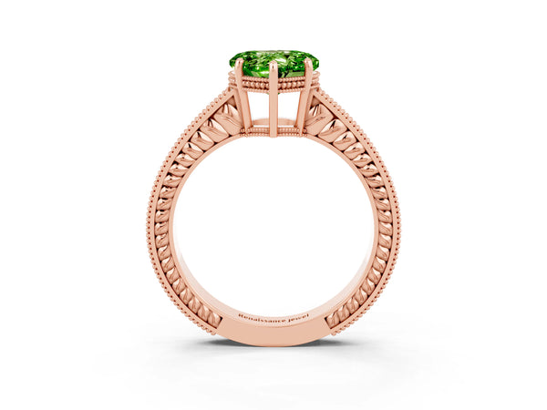 Rose gold Heart Cut Peridot Engagement Ring with Milgrain Channel Set Band and Prong Setting