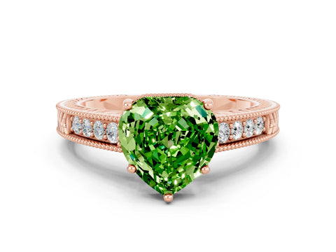 Rose gold Heart Cut Peridot Engagement Ring with Milgrain Channel Set Band and Prong Setting