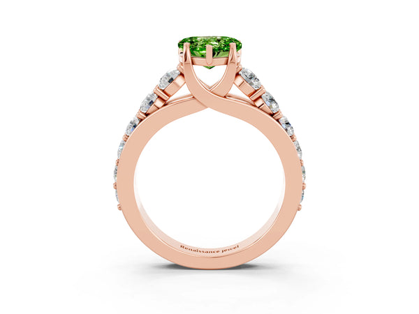 Rose gold Heart Cut Peridot Engagement Ring with Pavé Band and Four-Prong Setting