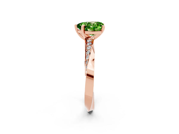 Rose gold Heart Cut Peridot Engagement Ring with Side Stone Accents and Four-Prong Setting