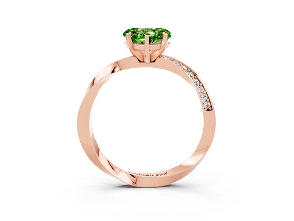 Rose gold Heart Cut Peridot Engagement Ring with Side Stone Accents and Four-Prong Setting