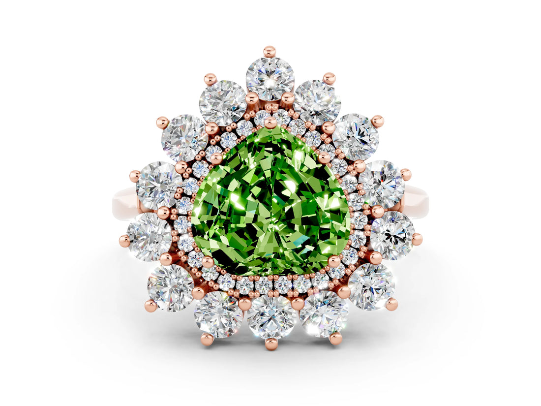 Rose gold Heart Cut Peridot Floral Double Halo Engagement Ring with Prong Setting_72
