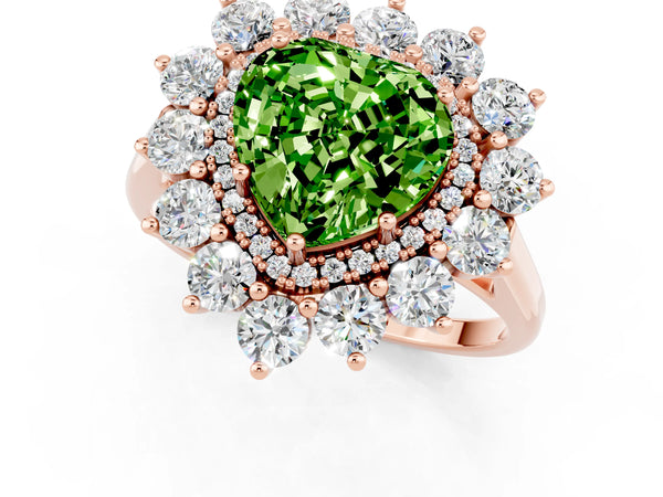 Rose gold Heart Cut Peridot Floral Double Halo Engagement Ring with Prong Setting