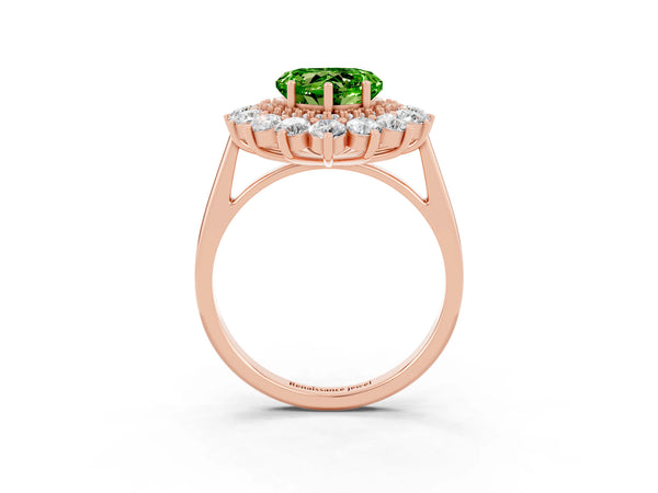 Rose gold Heart Cut Peridot Floral Double Halo Engagement Ring with Prong Setting