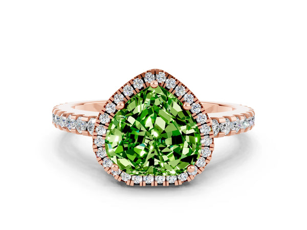 Rose gold Heart Cut Peridot Halo Engagement Ring with Pavé Band and Prong Setting