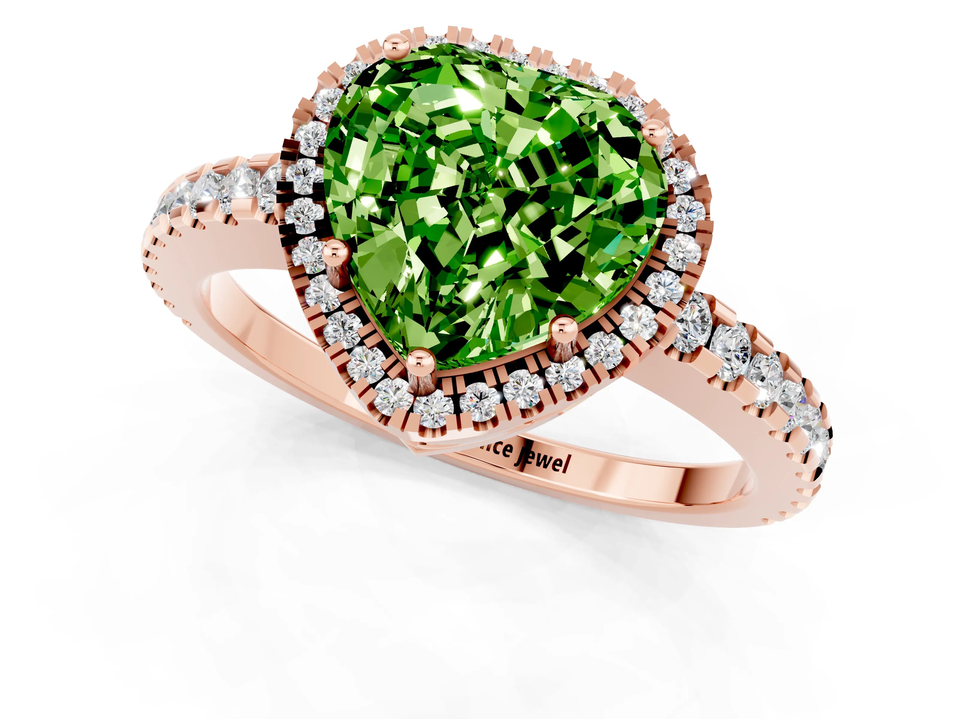 Rose gold Heart Cut Peridot Halo Engagement Ring with Pavé Band and Prong Setting_13