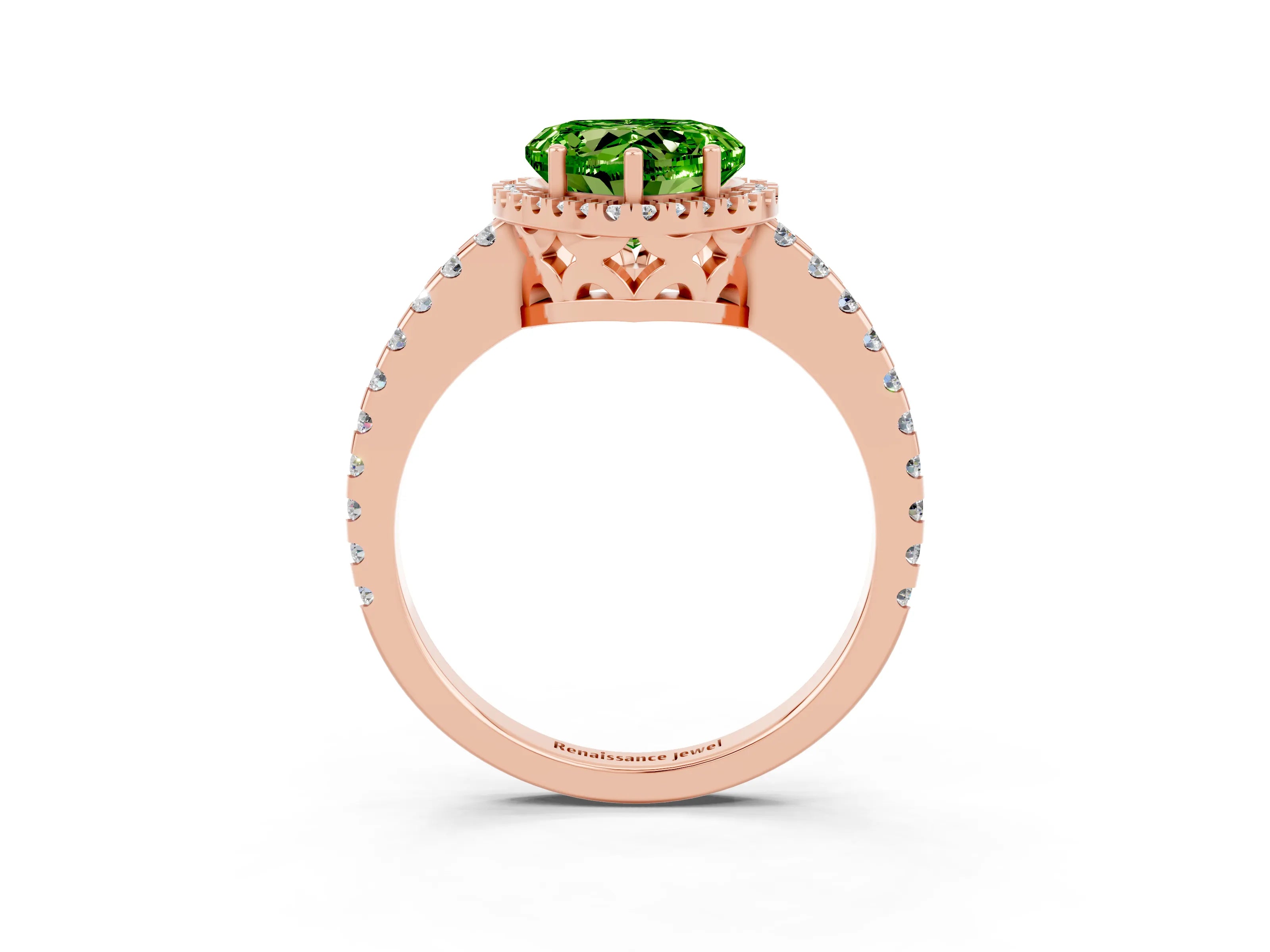Rose gold Heart Cut Peridot Halo Engagement Ring with Pavé Band and Prong Setting_15