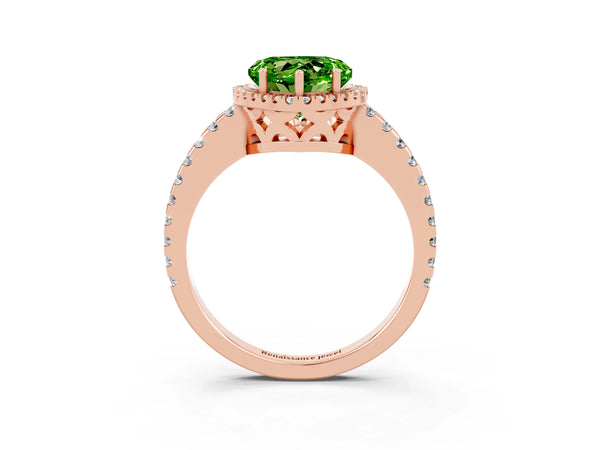 Rose gold Heart Cut Peridot Halo Engagement Ring with Pavé Band and Prong Setting