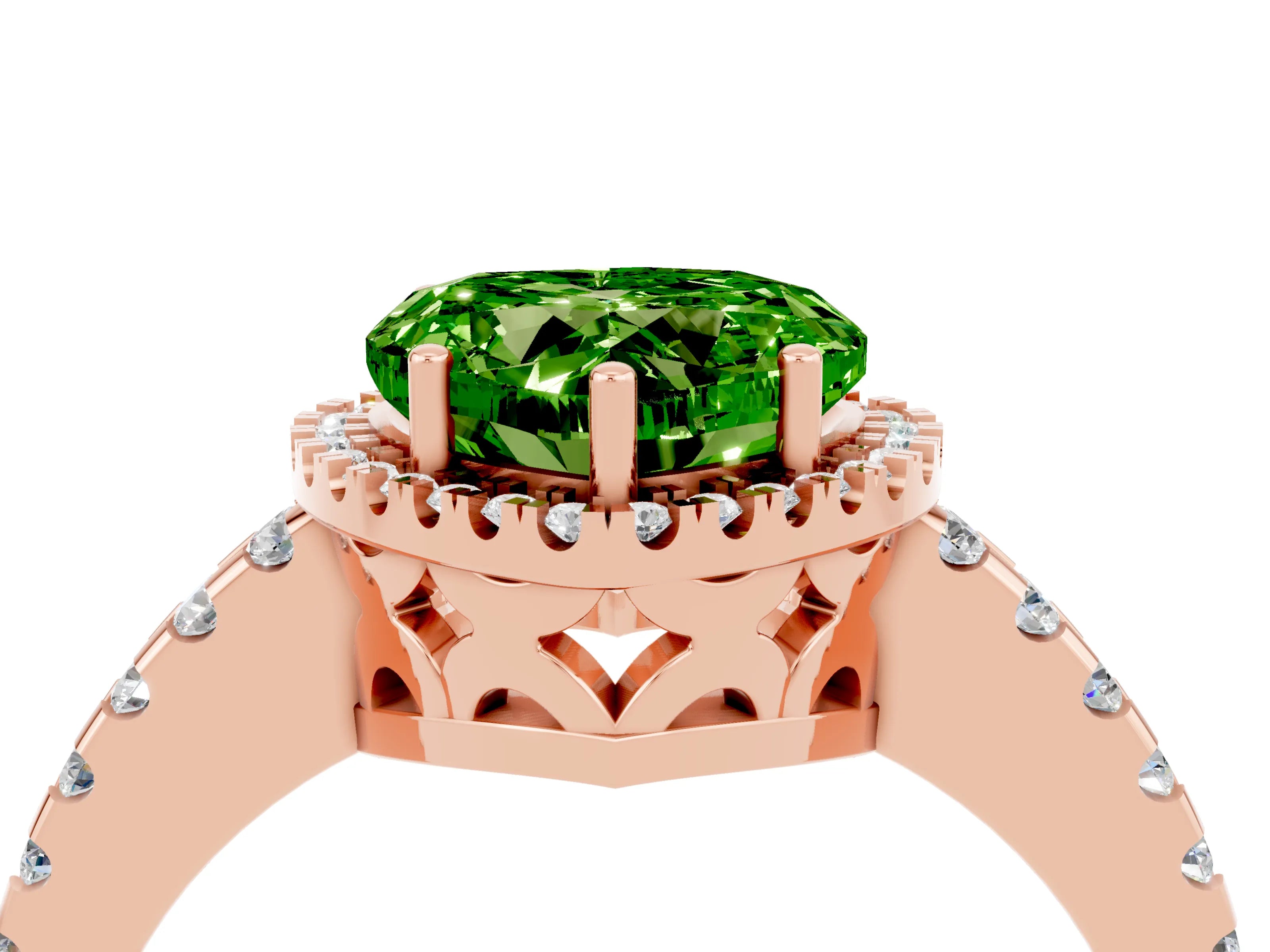Rose gold Heart Cut Peridot Halo Engagement Ring with Pavé Band and Prong Setting_16