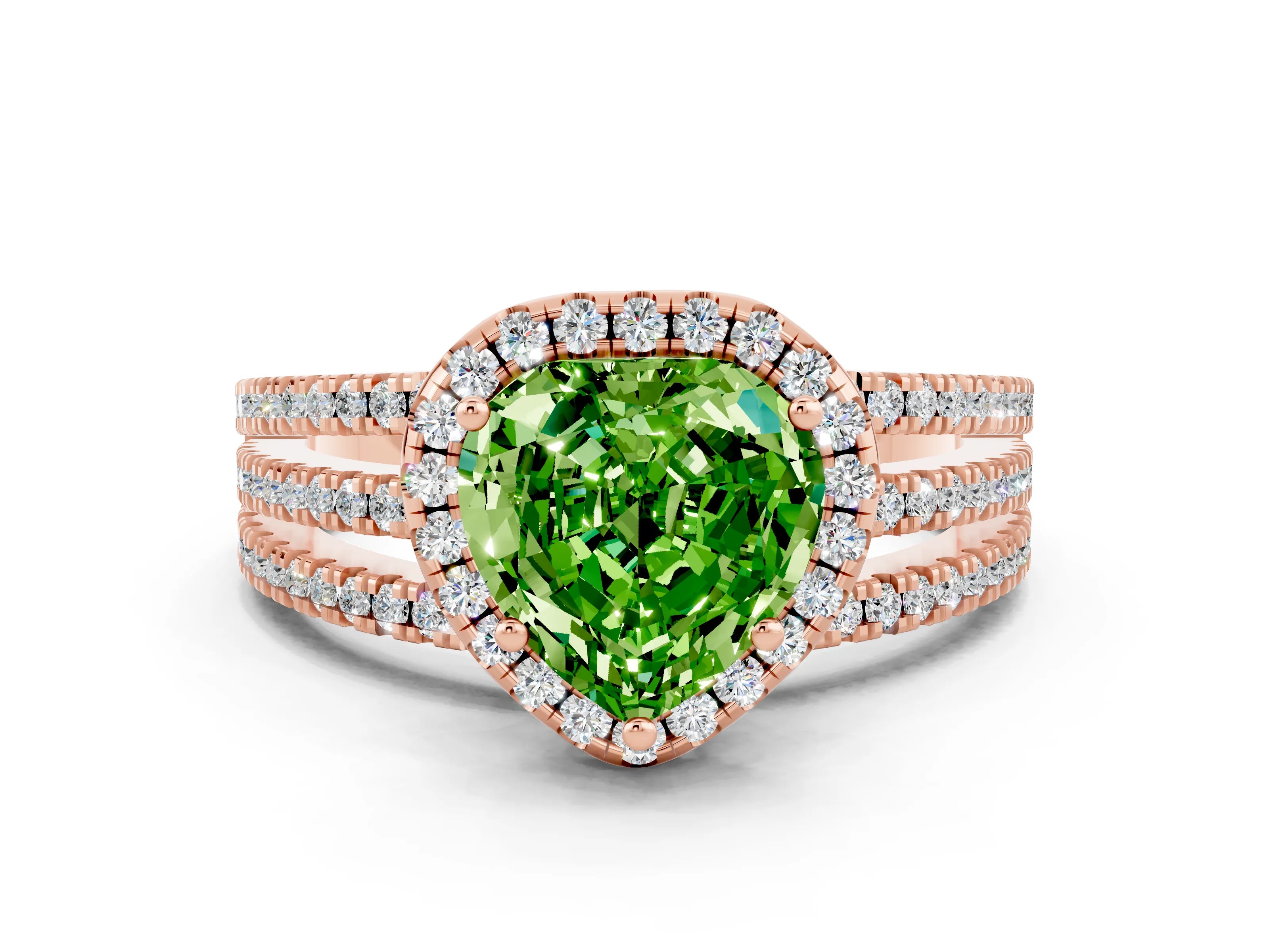 Rose gold Heart Cut Peridot Halo Engagement Ring with Split Shank and Four-Prong Setting