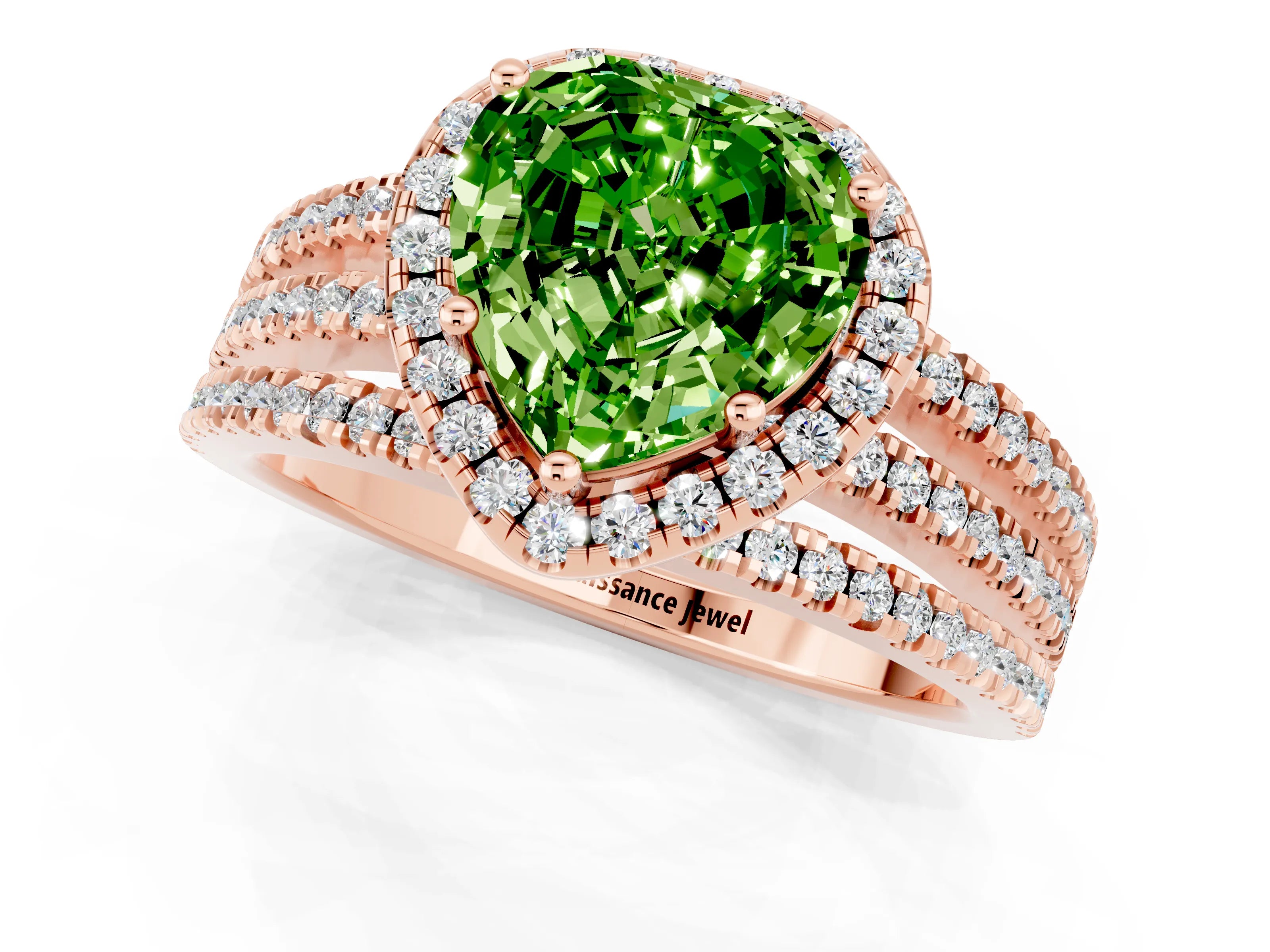 Rose gold Heart Cut Peridot Halo Engagement Ring with Split Shank and Four-Prong Setting_1