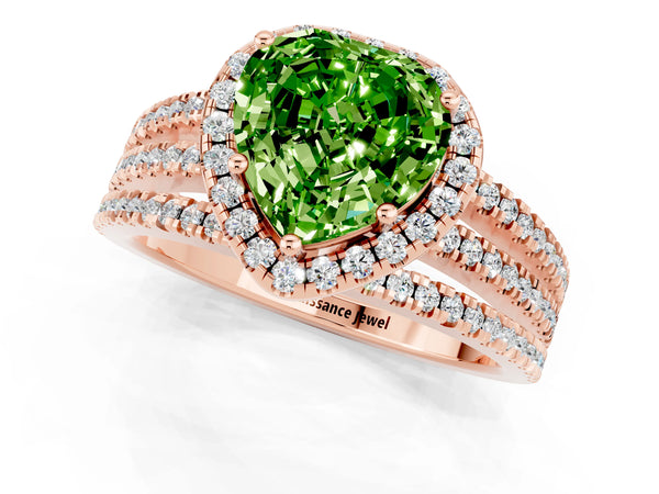 Rose gold Heart Cut Peridot Halo Engagement Ring with Split Shank and Four-Prong Setting