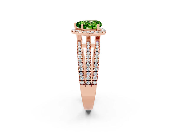 Rose gold Heart Cut Peridot Halo Engagement Ring with Split Shank and Four-Prong Setting