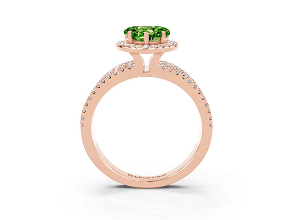 Rose gold Heart Cut Peridot Halo Engagement Ring with Split Shank and Four-Prong Setting