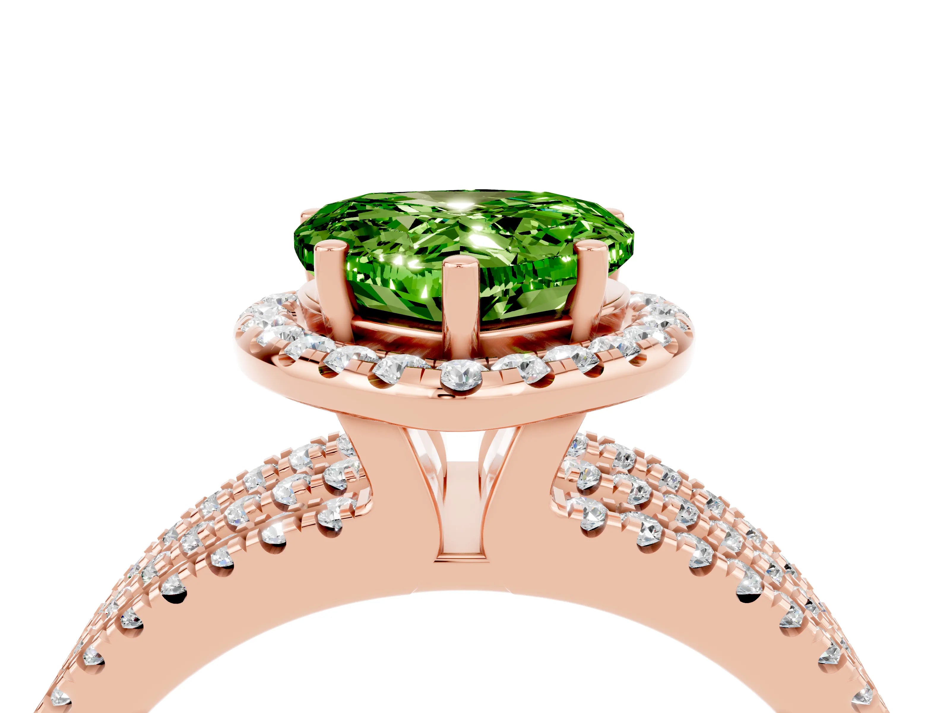 Rose gold Heart Cut Peridot Halo Engagement Ring with Split Shank and Four-Prong Setting_4