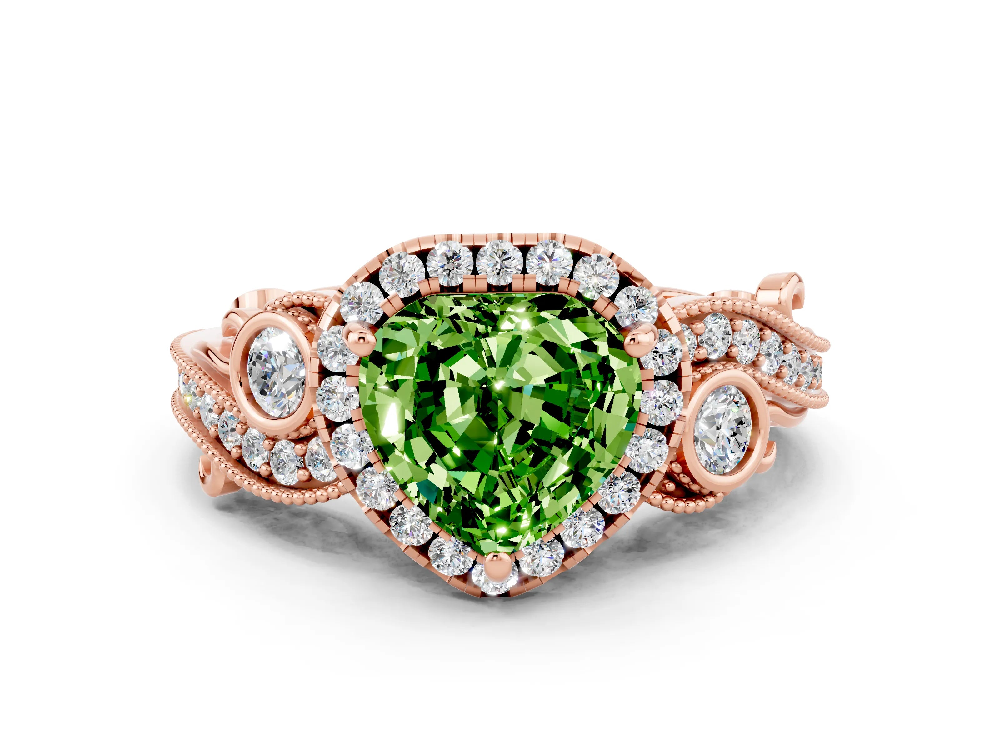 Rose gold Heart Cut Peridot Halo Ring with Milgrain Pavé Band and Four-Prong Setting_12