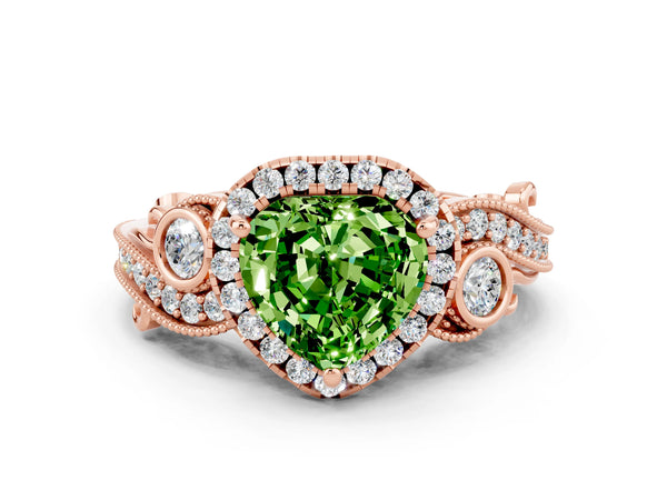 Rose gold Heart Cut Peridot Halo Ring with Milgrain Pavé Band and Four-Prong Setting