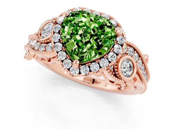 Rose gold Heart Cut Peridot Halo Ring with Milgrain Pavé Band and Four-Prong Setting