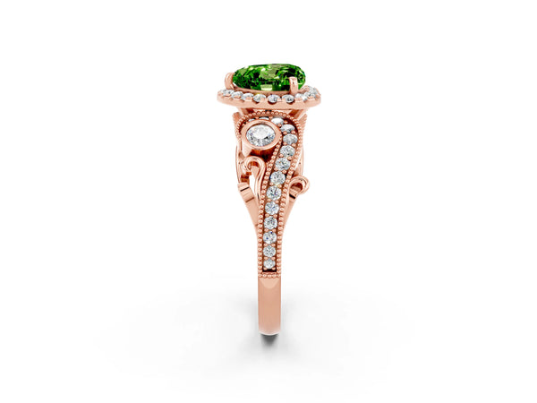 Rose gold Heart Cut Peridot Halo Ring with Milgrain Pavé Band and Four-Prong Setting