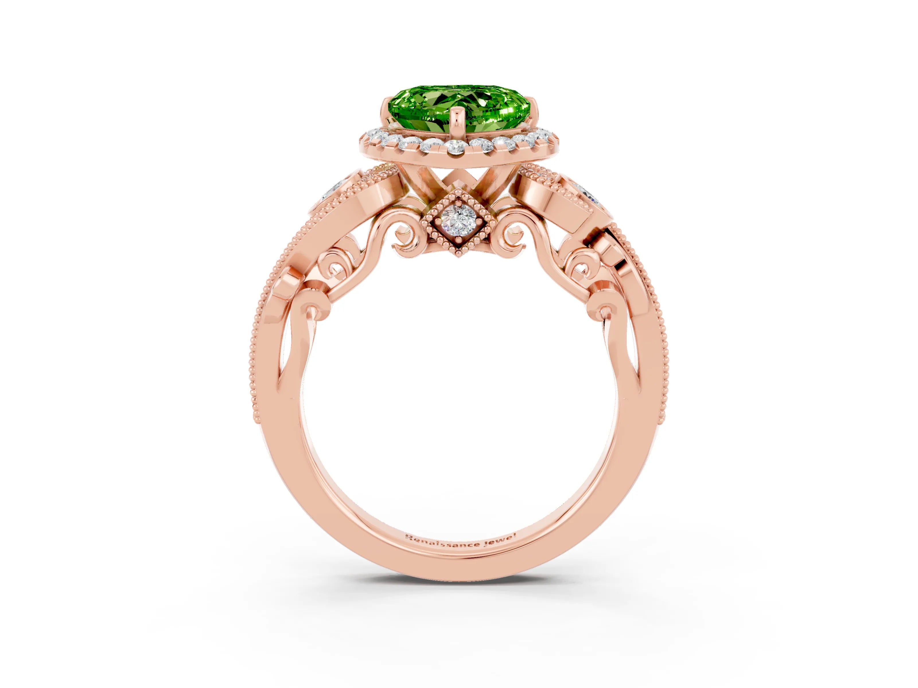Rose gold Heart Cut Peridot Halo Ring with Milgrain Pavé Band and Four-Prong Setting_15