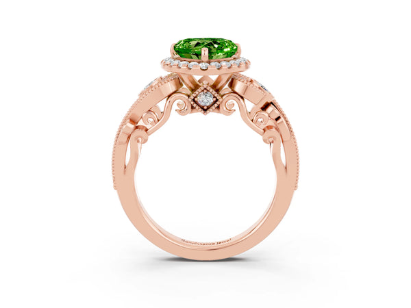 Rose gold Heart Cut Peridot Halo Ring with Milgrain Pavé Band and Four-Prong Setting