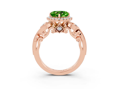 Rose gold Heart Cut Peridot Halo Ring with Milgrain Pavé Band and Four-Prong Setting_15