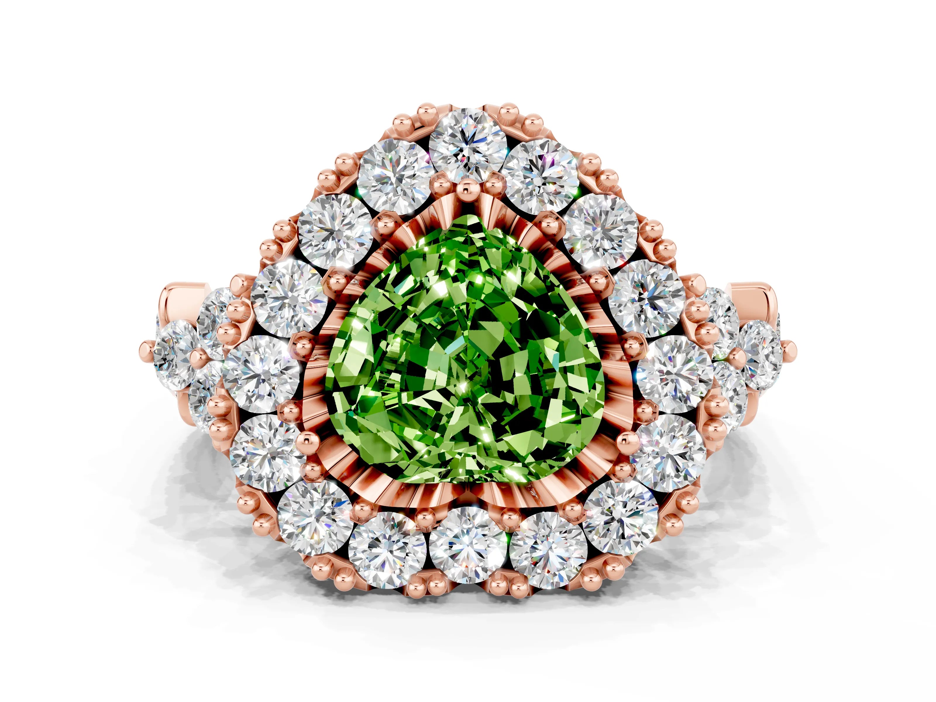 Rose gold Heart Cut Peridot Halo Ring with Pavé Band and Four-Prong Setting_12