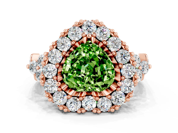 Rose gold Heart Cut Peridot Halo Ring with Pavé Band and Four-Prong Setting
