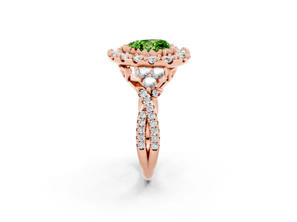 Rose gold Heart Cut Peridot Halo Ring with Pavé Band and Four-Prong Setting