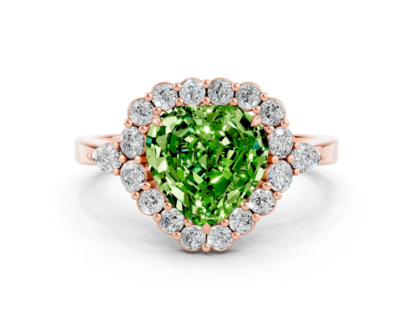 Rose gold Heart Cut Peridot Halo Ring with Pear Side Stones and Prong Setting