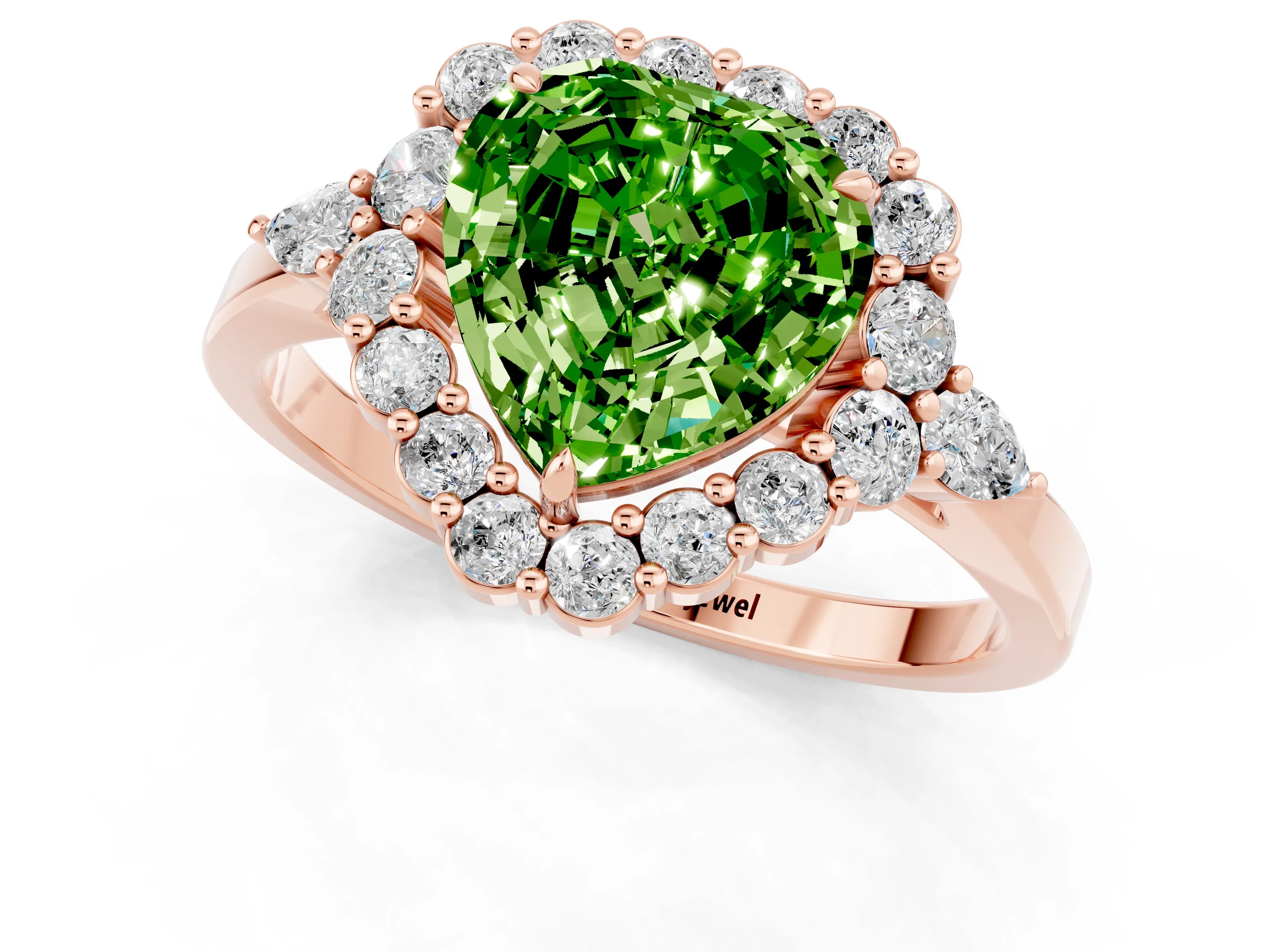 Rose gold Heart Cut Peridot Halo Ring with Pear Side Stones and Prong Setting_13