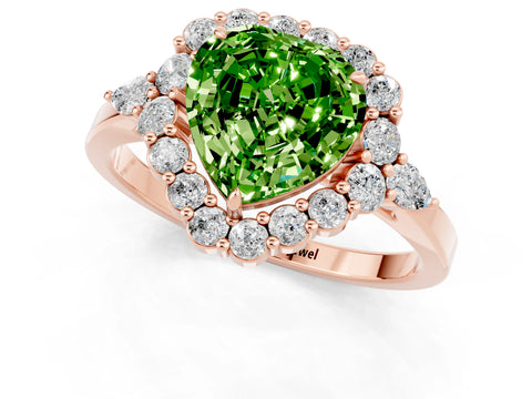 Rose gold Heart Cut Peridot Halo Ring with Pear Side Stones and Prong Setting_13