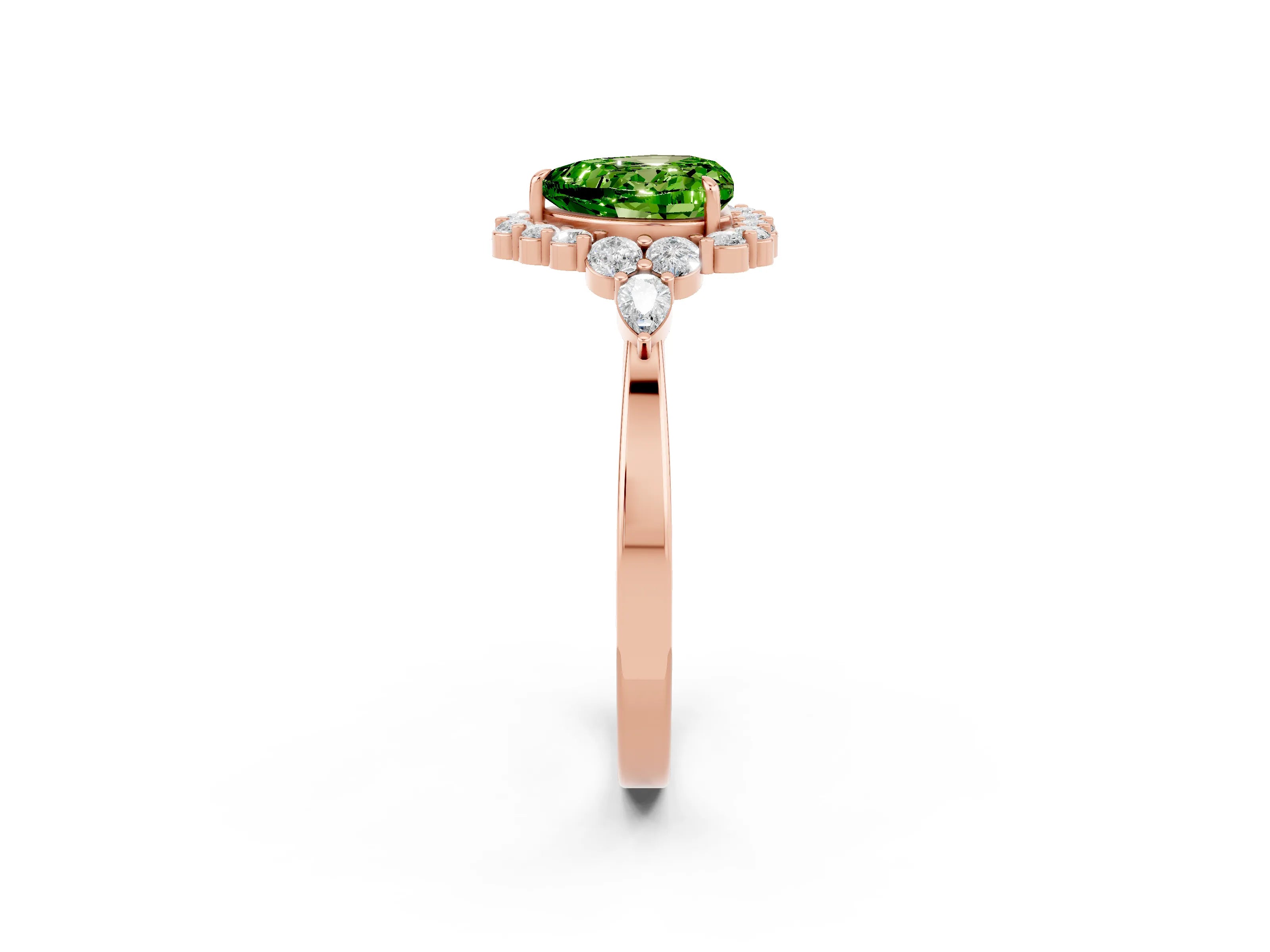 Rose gold Heart Cut Peridot Halo Ring with Pear Side Stones and Prong Setting_14