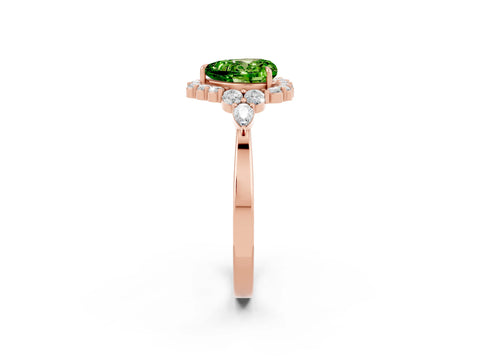 Rose gold Heart Cut Peridot Halo Ring with Pear Side Stones and Prong Setting_14