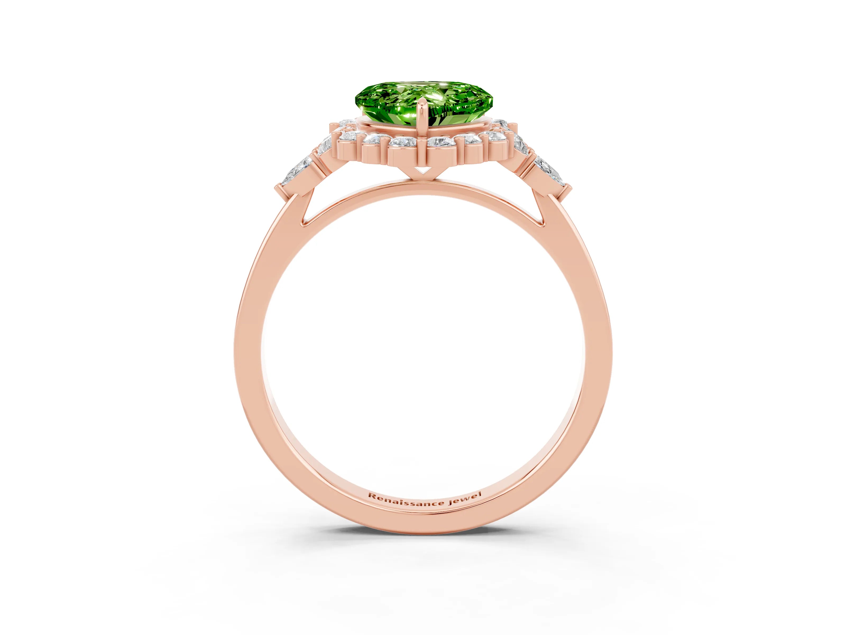 Rose gold Heart Cut Peridot Halo Ring with Pear Side Stones and Prong Setting_15