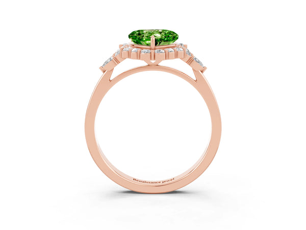 Rose gold Heart Cut Peridot Halo Ring with Pear Side Stones and Prong Setting